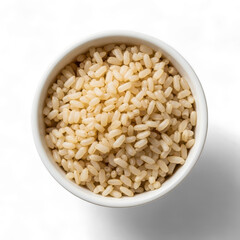 A white bowl filled with uncooked brown rice, isolated on transparent background