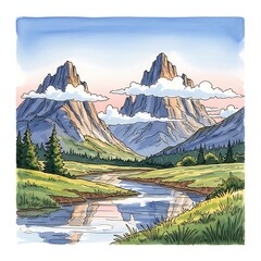 Watercolor Mountain Landscape with River and Clouds.