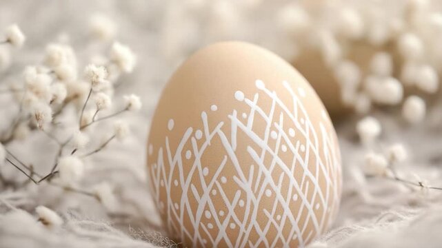 A single brown egg sits on a soft white blanket
