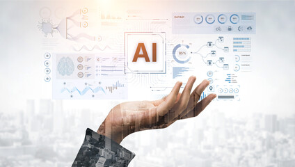 A futuristic AI dashboard for business intelligence. This platform showcases advanced data analytics, processing complex information into visual charts and graphs for strategic insights. Fermion