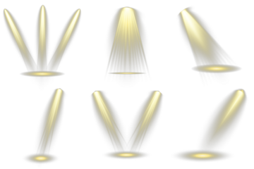 Vector blur in the light of radiance.. Realistic spotlight set with gold glowing dust particles on transparent png background and reflection on the floor for stage, studio, or theater light effects.