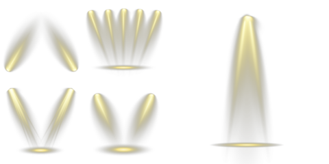Concert lighting emits strong radiant lines in motion. Stock royalty free vector illustration. PNG Studio lights form dramatic shadows and spotlight rings. Projector element Transparent background
