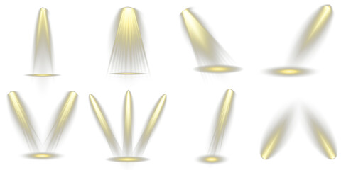Light sources on dark wall, realistic soft concert light on abstract stage png. Focused spotlights beam down on center stage area. Light sources, concert lighting, stage spotlights. Projector element © Slava