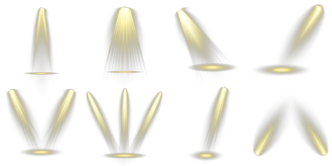 Light sources on dark wall, realistic soft concert light on abstract stage png. Focused spotlights beam down on center stage area. Light sources, concert lighting, stage spotlights. Projector element