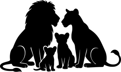 Lion family sitting together in black silhouette