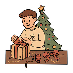 reative Christmas scene with a young man wrapping gifts beside a glowing tree. Hand-drawn pastel doodle illustration with ribbons, bows, and cozy festive atmosphere.
