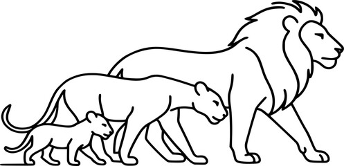 Lioness Walking with Cub Beside Male Lion &ndash; Minimal Contour Vector Illustration, Wildlife and Family Concept