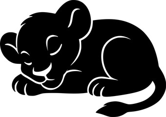 Fototapeta premium Sleeping Lion Cub Silhouette – Minimal Black Vector Illustration, Wildlife and Animal Concept