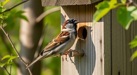 Sparrow at Birdhouse Entrance - A Moment in Natures Embrace.