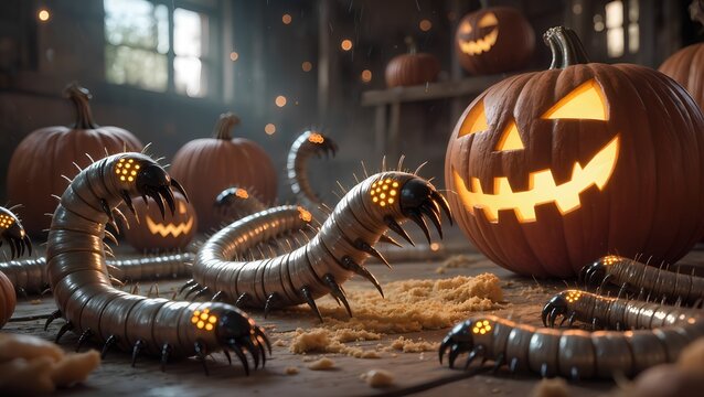 Glowing insectoid creatures infest a pumpkin-filled Halloween setting.