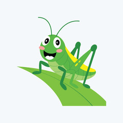 Happy Green Grasshopper Sitting on a Leaf vector illustration.