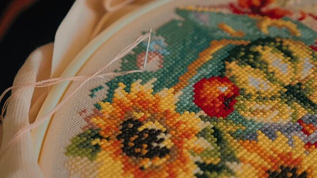A close-up of a hand embroidering a colorful cross-stitch pattern featuring a vibrant floral design. Fingers with a needle make more and more crosses on the fabric