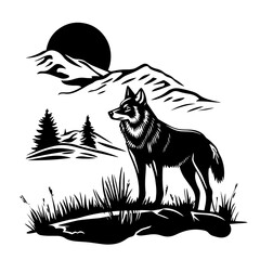 Wolf in mountain landscape silhouette — wild canine under moon vector illustration