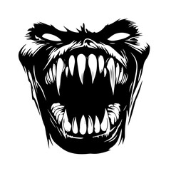 Ferocious monster face silhouette — roaring beast head with fangs vector illustration