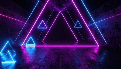 Immersive abstract scene features luminous neon triangles and lines illuminating a dark, industrial interior space, creating a modern atmosphere with a cyberpunk or futuristic vibe.