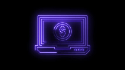 Neon laptop with dollar sign cyberpunk style animation on black background - Powered by Adobe