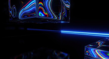 Abstract digital art with neon blue light and iridescent reflections