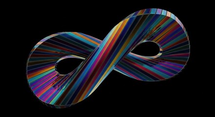 Abstract 3d infinite loop symbol illuminated with vibrant rainbow colors on black background
