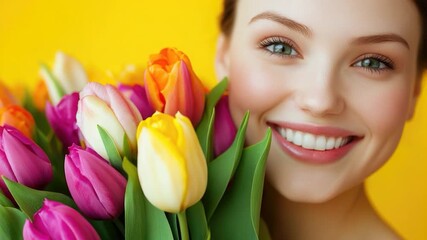 A woman covers her face with a bunch of flowers, one phrase about what's happening on the image and another phrase with a short advice where this picture can be used