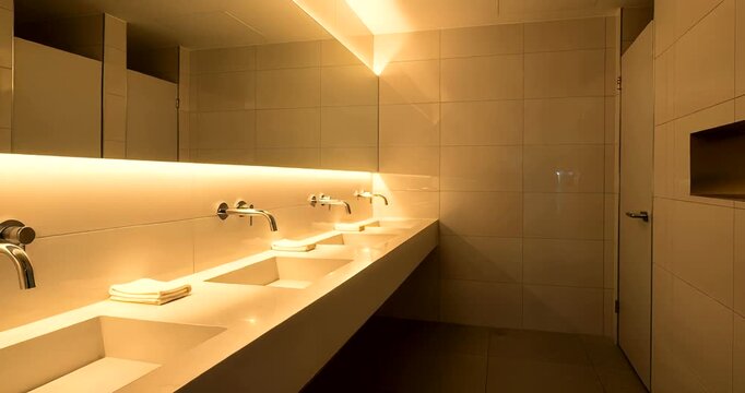 Modern bathroom interior with elegant sinks and ambient lighting