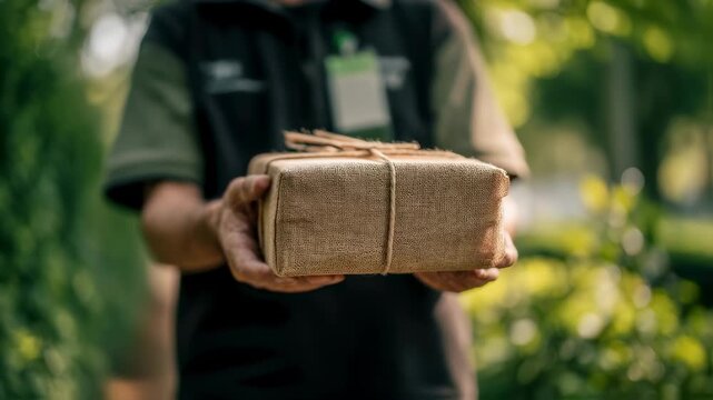 Medium shot of a delivery worker holding a package wrapped in recyclable materials with green trees softly blurred in the background to emphasize carbon offsetting efforts.