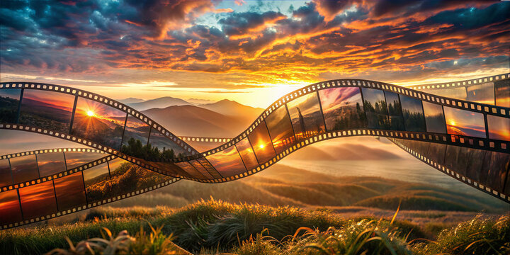 A stunning sunset casts a warm glow over mountains and valleys, while flowing film strips display beautiful captures of nature. The scene evokes a sense of creativity and tranquility