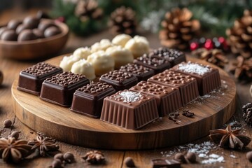 Assorted chocolates and nuts on a wooden board.
