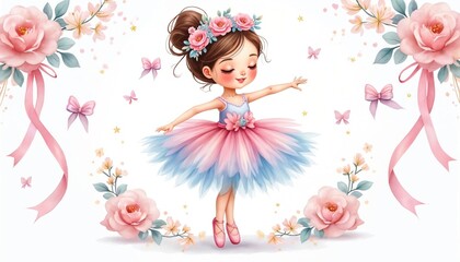 Watercolor illustration of a charming ballerina girl in a pink and blue tutu. She wears a flower crown with ribbons and roses. Cute design for children products or events.
