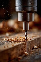 Drill bit making a hole in a wooden board. Carpentry, woodworking, and handyman tool concept. Working with wood with drilling machine.