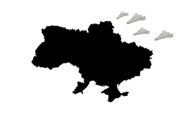 A drone near a black outline map of Ukraine symbolizing an attack and threat, on a white background, on the theme of war
