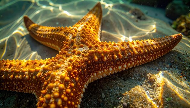 A vibrant, textured starfish rests on a sandy ocean floor, illuminated by sunlight filtering through the clear water, creating a scene of underwater beauty and tranquility.