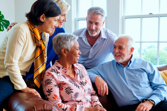 Group of middle aged and senior Caucasian and Black men and women sitting together on sofa smiling and talking, showing friendly interaction in bright living room