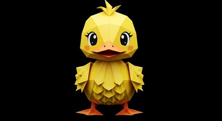 Adorable Low Poly Yellow Chick Illustration on Black Background.