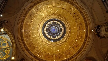 Viewed from below, an intricate celestial dome adorned with gold detailing presents constellations and radiating circles around a central light source, creating a breathtaking architectural...