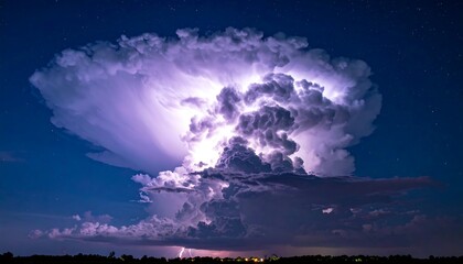 Massive storm cloud, lightning illuminates a vast cumulonimbus cloud at night