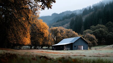 Old barn surrounded by autumn trees in a misty mountain landscape