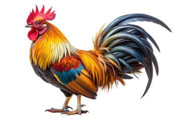 A magnificent and colorful rooster with vibrant plumage standing proudly, symbolizing the new day and farm life, isolated on a clean white background