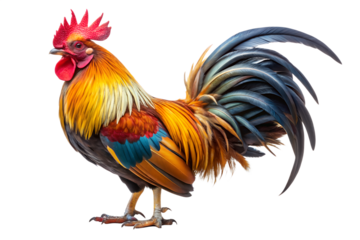 A magnificent and colorful rooster with vibrant plumage standing proudly, symbolizing the new day and farm life, isolated on a clean white background