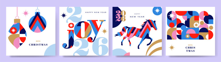 Merry Christmas greeting card. Modern Christmas design with typography, colorful geometry elements.