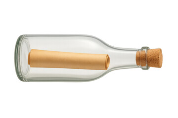 Glass bottle with rolled message and cork on transparent background