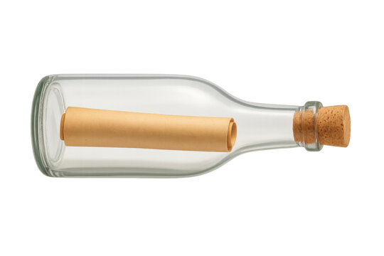 Glass bottle with rolled message and cork on transparent background