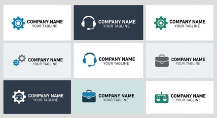 Modern Logo Collection: Gear, Headset, Scales, and Briefcase Icons for Business, Industry, Communication, and Legal Services, presented on a Grid Layout with Different Backgrounds, Flat Vector