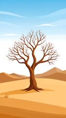 A lone, leafless tree stands in a vast, sandy desert landscape under a pale blue sky
