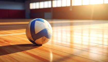 A volleyball on a wooden gymnasium floor