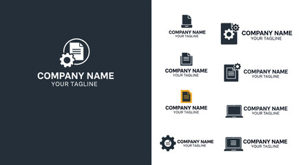 Modern Corporate Logo Design Featuring Document and Gear Icons with Placeholder Company Name and Tagline, Flat Vector Elements, Vector Illustration, Simple Vector, Stylized Vector Drawing, Vector