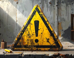 Rusty yellow caution sign in a dilapidated space