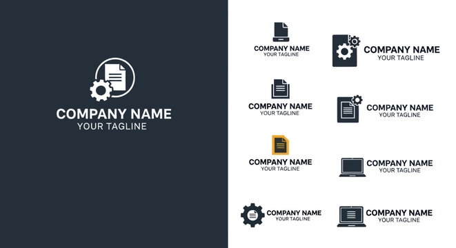 Modern Corporate Logo Design Featuring Document and Gear Icons with Placeholder Company Name and Tagline, Flat Vector Elements, Vector Illustration, Simple Vector, Stylized Vector Drawing, Vector