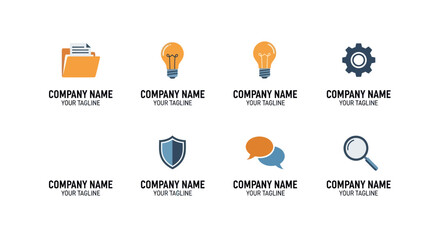 Modern Business Logo Collection: Folder, Light Bulb, and Shield Icons with Placeholder Text on White Background, Flat Vector Elements, Vector Illustration, Simple Vector, Stylized Vector Drawing,