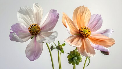 Two cosmos flowers, one pale pink/white, the other peach/orange, with delicate petals, on a light gray background