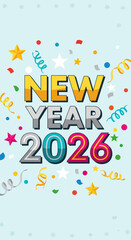 Bright and Festive 'YEAR 2026' Celebration with Colorful Confetti, Streamers, and Stars on a Light Blue Background, Flat Vector Elements, Vector Illustration, Simple Vector, Stylized Vector Drawing,